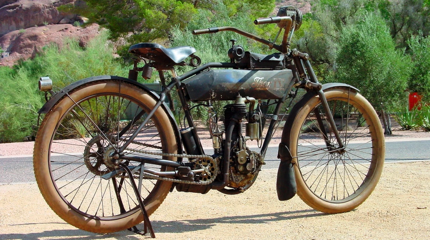 An original-paint 1910 Thor in running condition, with family ties to Indian, this bike fetched $55,000. Thor was the brand name of the Aurora Automatic Machinery Company which built the engines for early Indians. As the auction description explains, "the landmark agreement by Indian, allowing Aurora to sell Hedstrom’s engine to other motorcycle producers, was truly the foundation of the American motorcycle industry". Apart from using Indian's engine in its own Thor brand motorcycles, Aurora sold them to other manufacturers such as Reading Standard, Racycle and Thoroughbred.