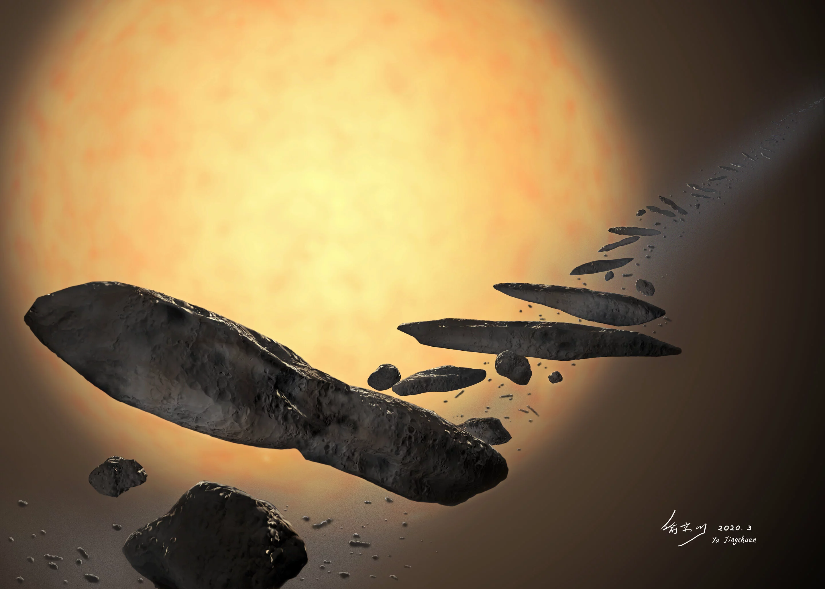An artist's impression of how 'Oumuamua may have formed from a planet being torn apart by a star