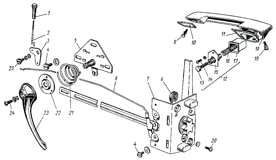 This OEM repair illustration from Chevrolet shows the pull-latch and twist-handle interior/exterior on a 1962 model