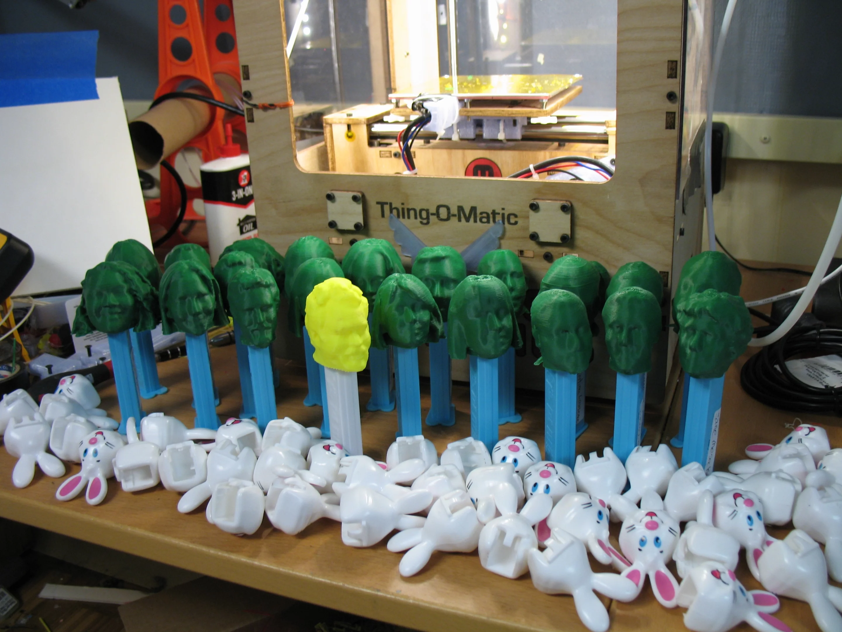 After printing the heads with a Makerbot Replicator, the final step was to attach them to some decapitated Pez dispensers