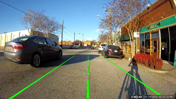 It can superimpose a tramline grid onto the video, which can be used to determine if a passing driver was giving the cyclist sufficient room