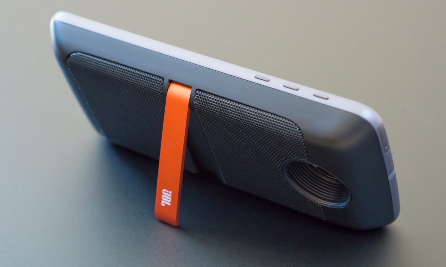 The JBL SoundBoost Mod turns the phone into a tiny (but poweful) boom box