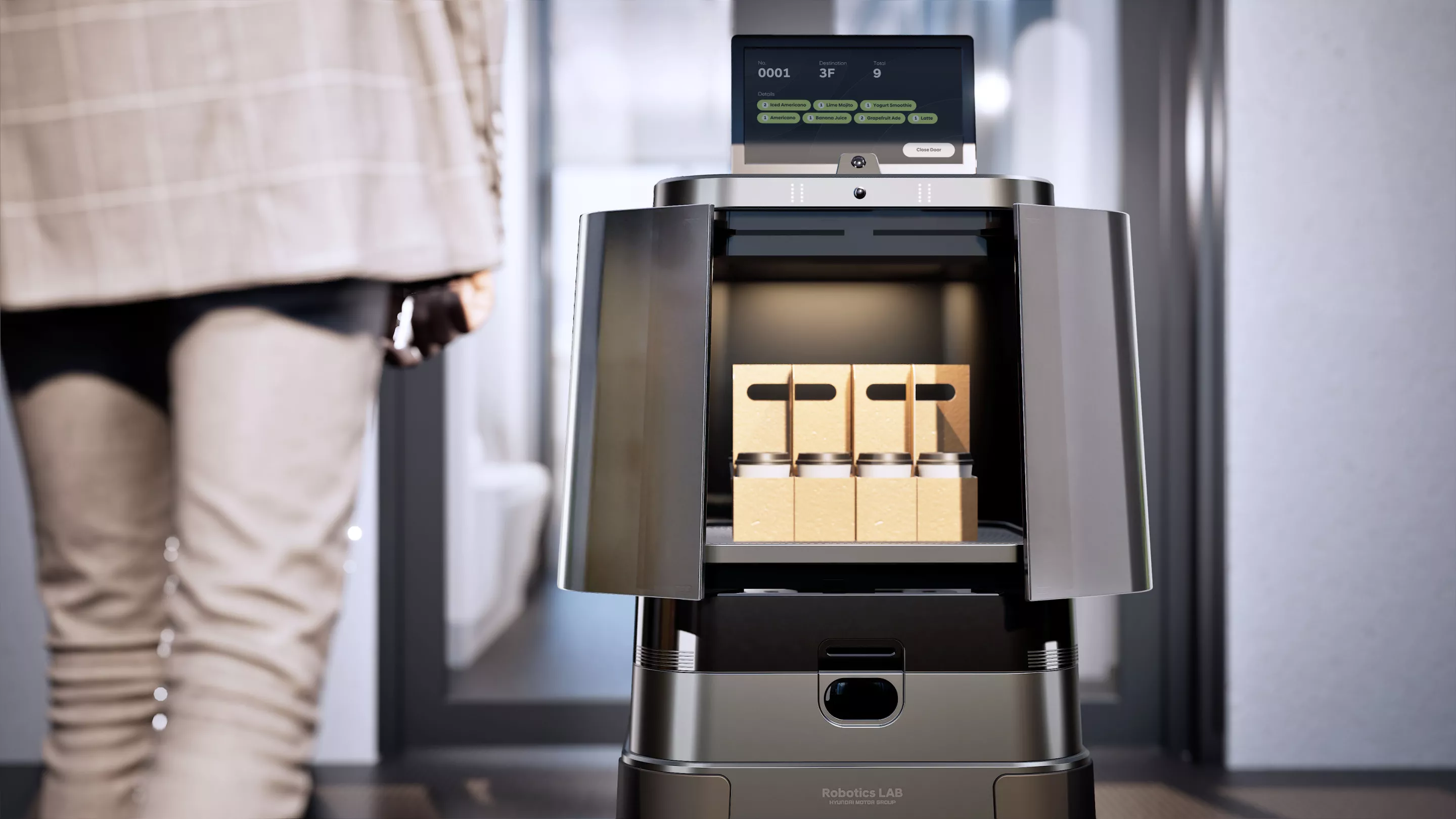 Heading for food/beverage and parcel delivery applications in indoor environments like offices and hotels, the DLA-e can carry up to 16 cups of coffee for distribution to customers identified via AI facial recognition, or up to 10 kg of packages