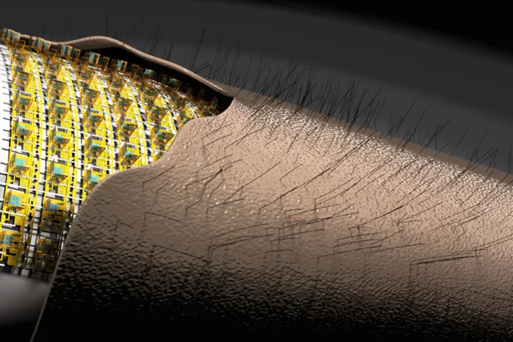 An artist's illustration of a new e-skin embedded with magnetic hairs that help it sense touch more precisely