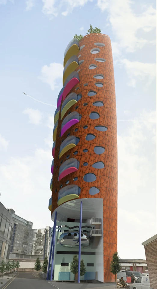 The stilts themselves are purple in the existing designs and the tower will be clad in weathered steel