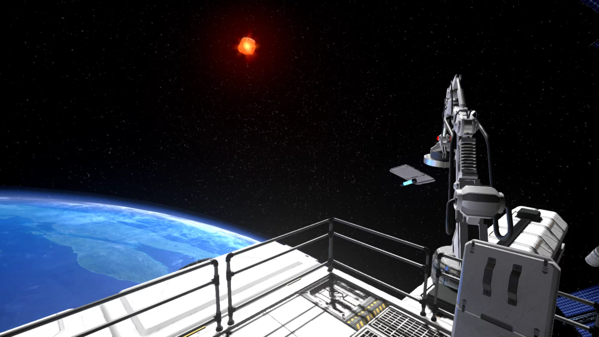 A view from outside Space Station Tiberia – complete with approaching asteroid