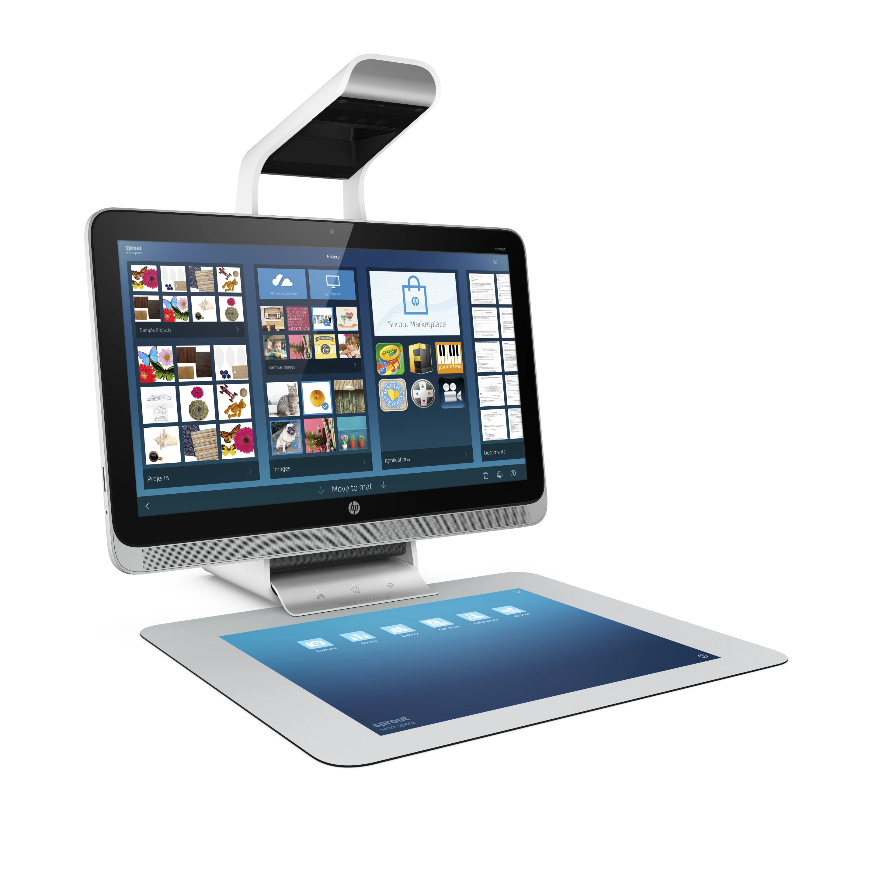 Sitting above Sprout's 23-inch LED backlit touchscreen HD display is a combined four camera sensor system, a DLP projector and LED desk lamp combination called the Illuminator