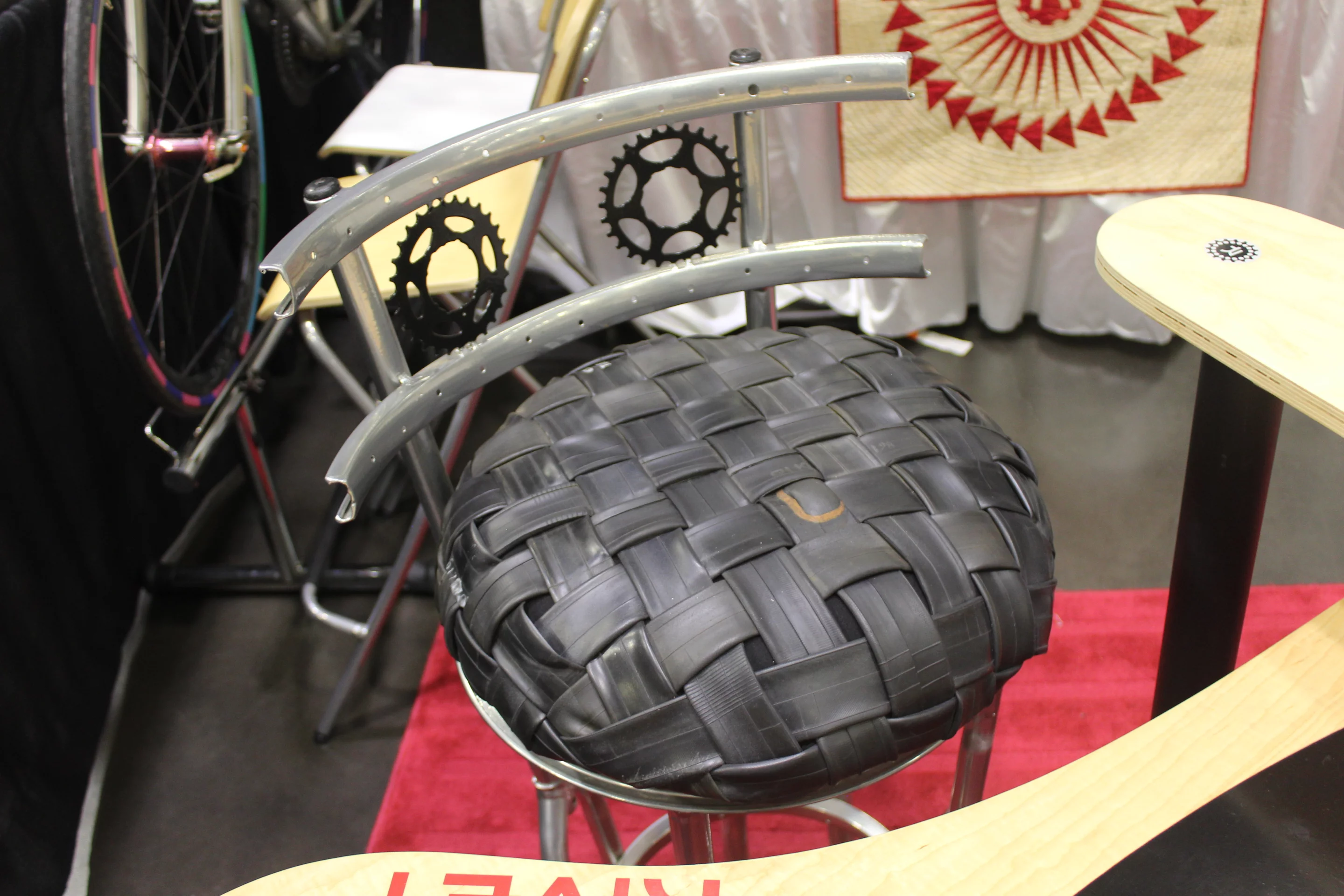 Rivet Cycle Works brought along this stool made from inner tubes, rims and cogs – the patch is a nice touch