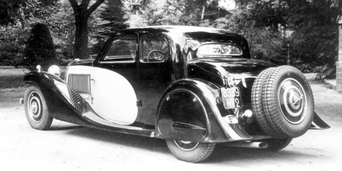 From the Bugatti archive, a Bugatti T57 Ventoux pictured in the grounds of Molsheim, Bugatti's spiritual home.