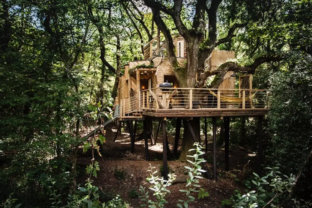 Boasting luxury features like a sauna and hot tub, the Woodsman's Treehouse also has a fun slide for those who want to make a quick exit