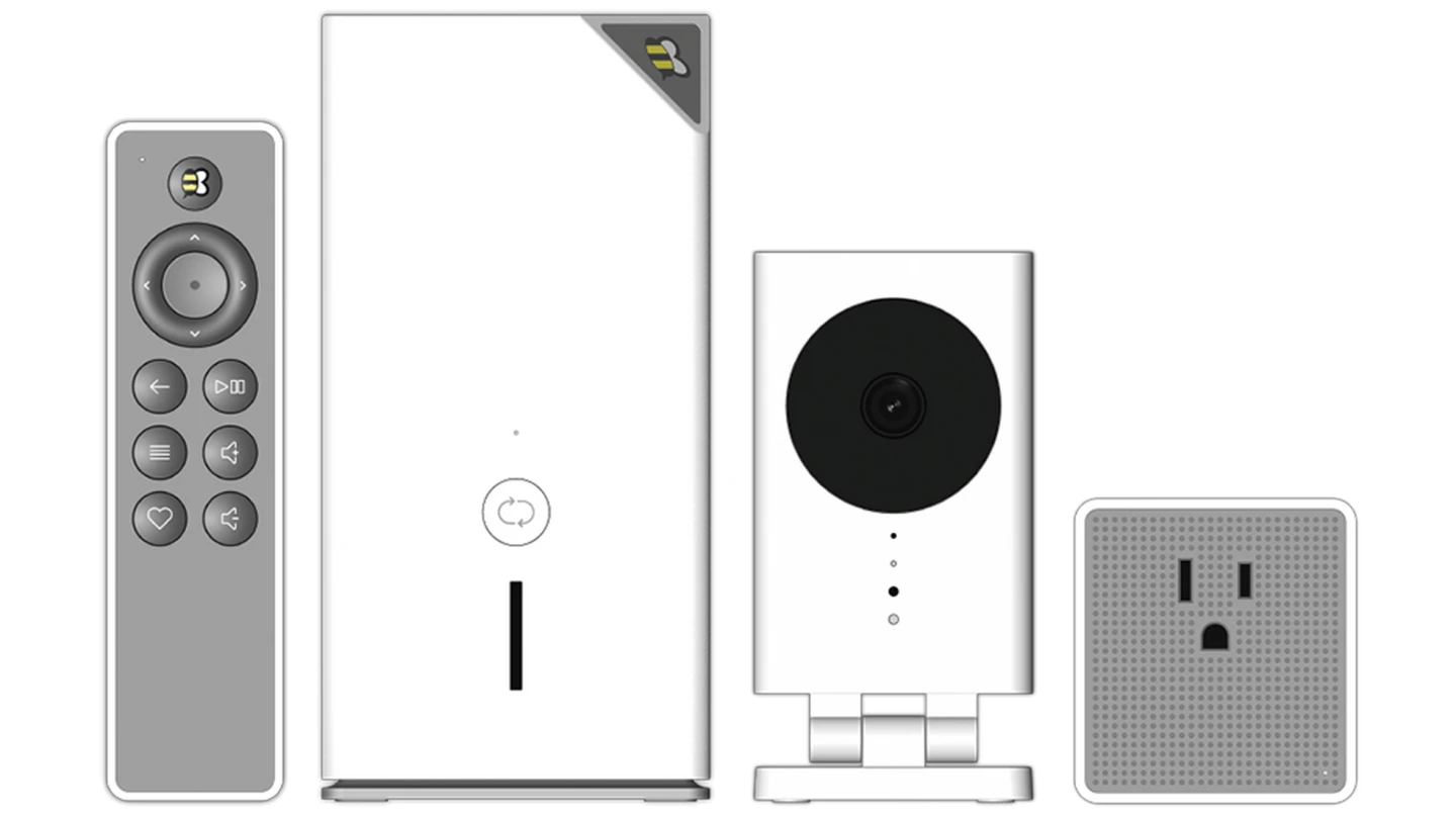 The QBee range consists of the Gateway and remote (left), Multi-Sensor Camera (center) and Switch (right)