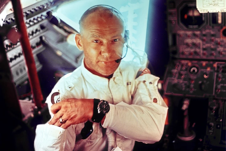 Edwin E. “Buzz” Aldrin, Jr. wearing the jacket that sold yesterday for $2.77 million. Aldrin is pictured inside the Apollo 11 Lunar Module during the lunar landing mission. The picture was taken by Neil Armstrong, just prior to the landing on 20 July 1969.