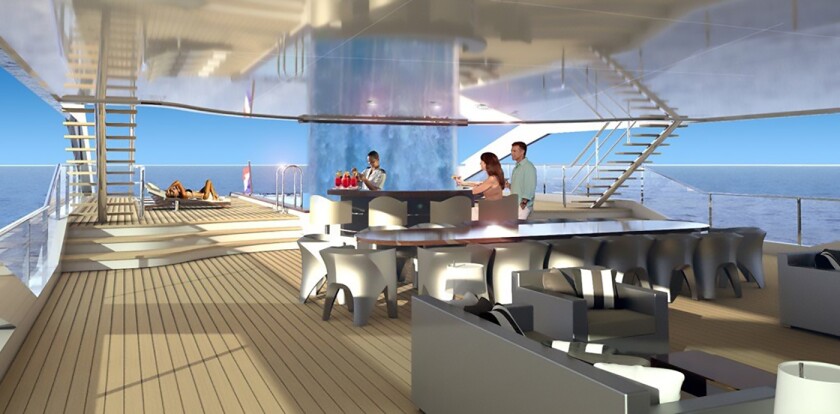 The sleek powerboat-like lines of Project Maximus make clever use of glass paneling to create wind-free areas at the rear of three decks