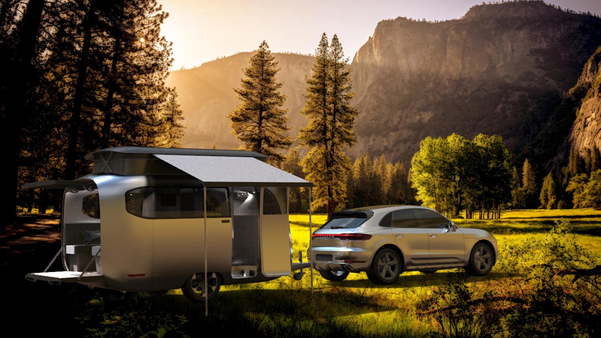 While the trailer focuses on cues from Porsche and Airstream, the rear tailgate/deck design appears to be drawn from another brand: Hymer, part of the Airstream family by way of parent company Thor Industries