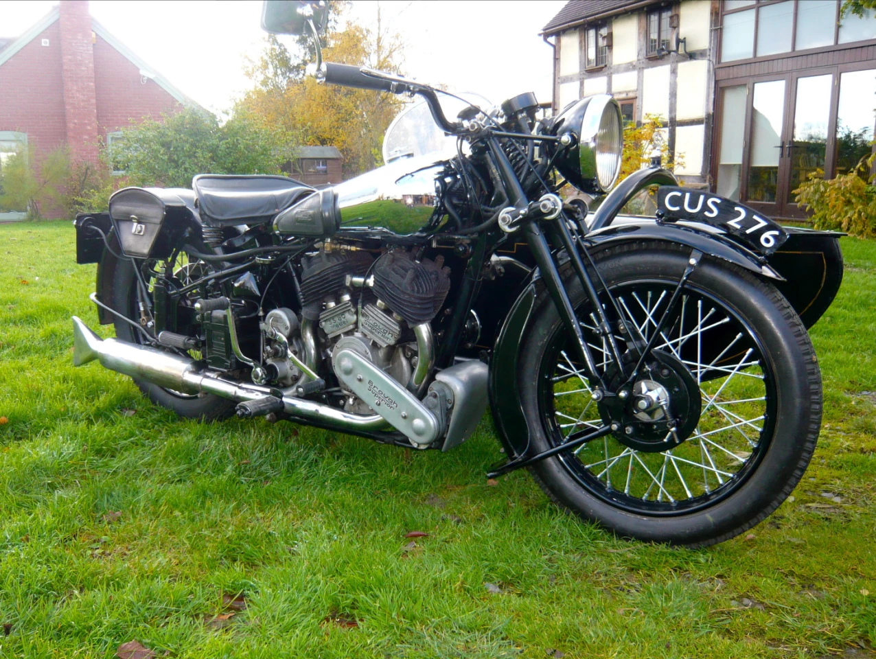 This SS80 and Alpine Grand Sport Cruiser sidecar is perhaps the most complete and original Brough Superior combination ever to have been offered at auction. Invoice No: M2814 from the Brough works and registered in April 1939 by Brough agents Alexander and Co. of Glasgow, this 'money-no-object' machine was specified from new with Monarch forks, 'spring-wheel' rear suspension, Amal touring 'bars, Wasdell front and Cranford rear 'guards, and with the famous 'petrol-tube' Alpine sidecar, No. 212, all of which equipment is still fitted. The outfit sold for GBP£55,200 ($92,750) at Bonhams Stafford auction in 2014.