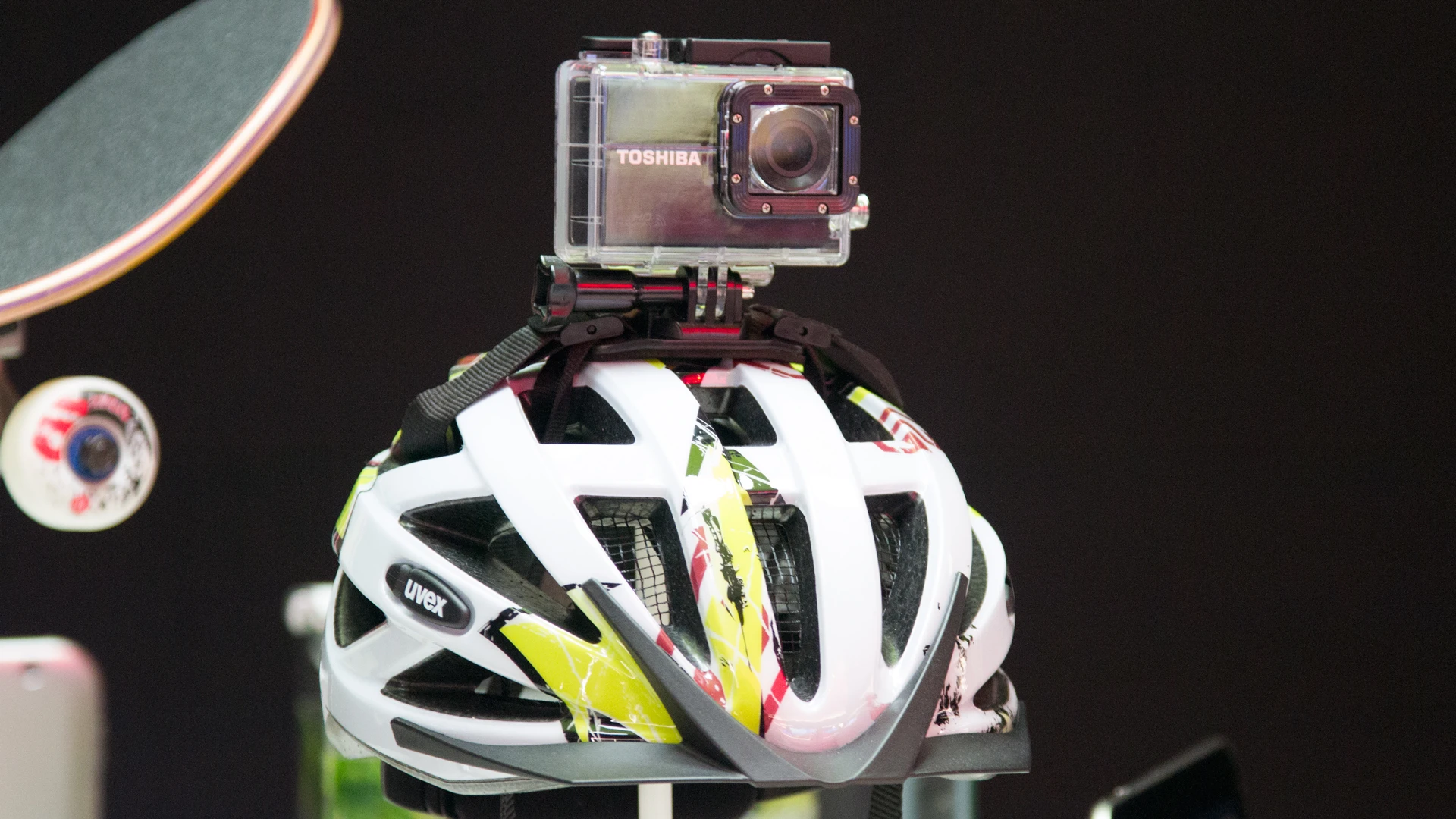 Toshiba's new Camileo X-Sports actioncam, with its included helmet mount