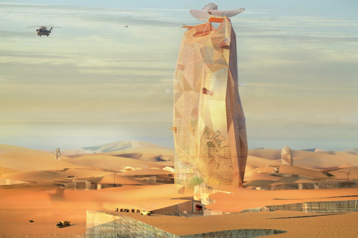 From a distance, the City Sand Tower resembles a huge rock rising out of the desert (Image: Manal Rachidi Oxo Architects and Nicolas Laisné Associes)