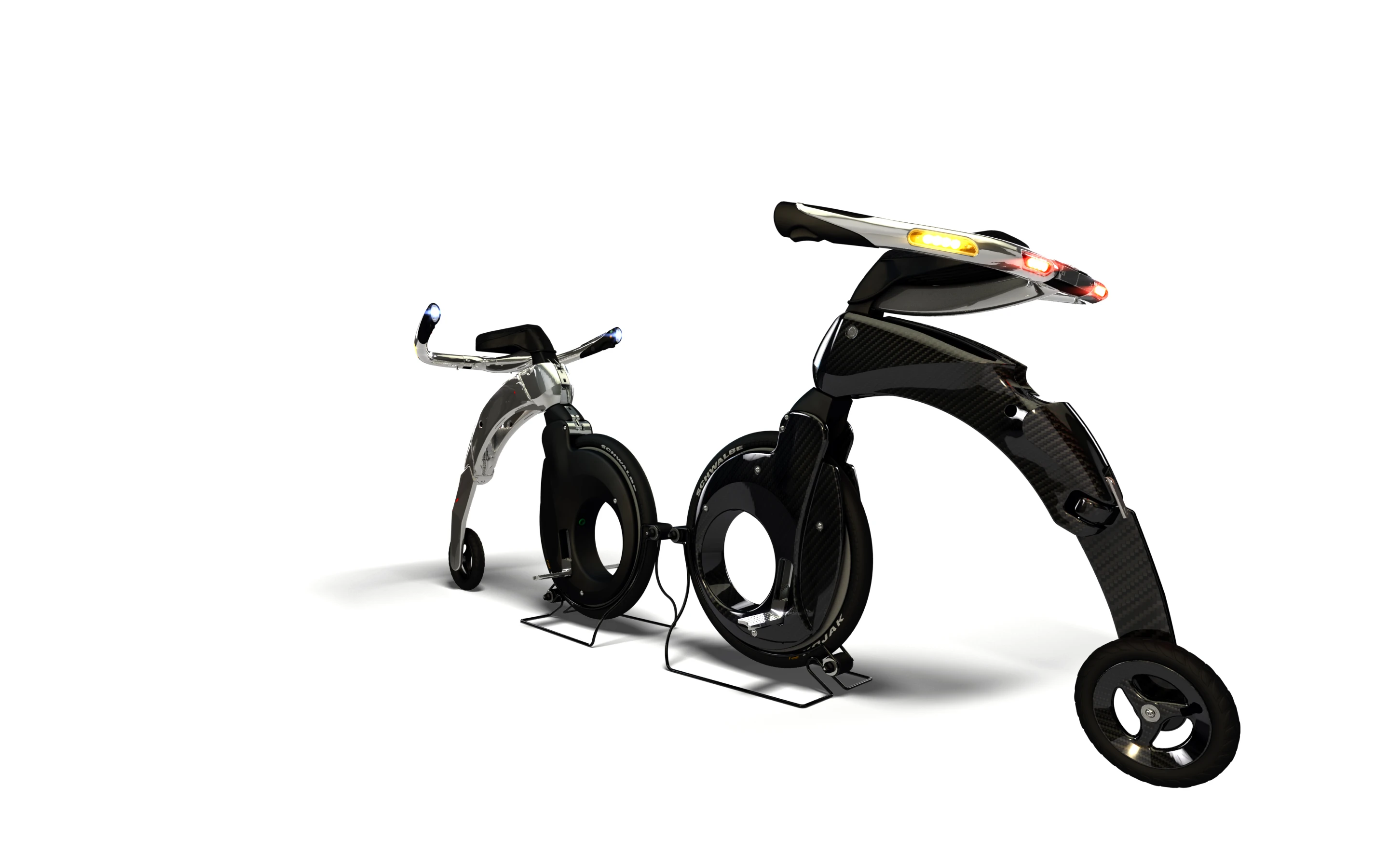 The Yikebike is a miniature, electric penny farthing made of carbon fiber capable of 25km/h (15 mph) with a range of 10 km or 20 km if you carry a spare battery