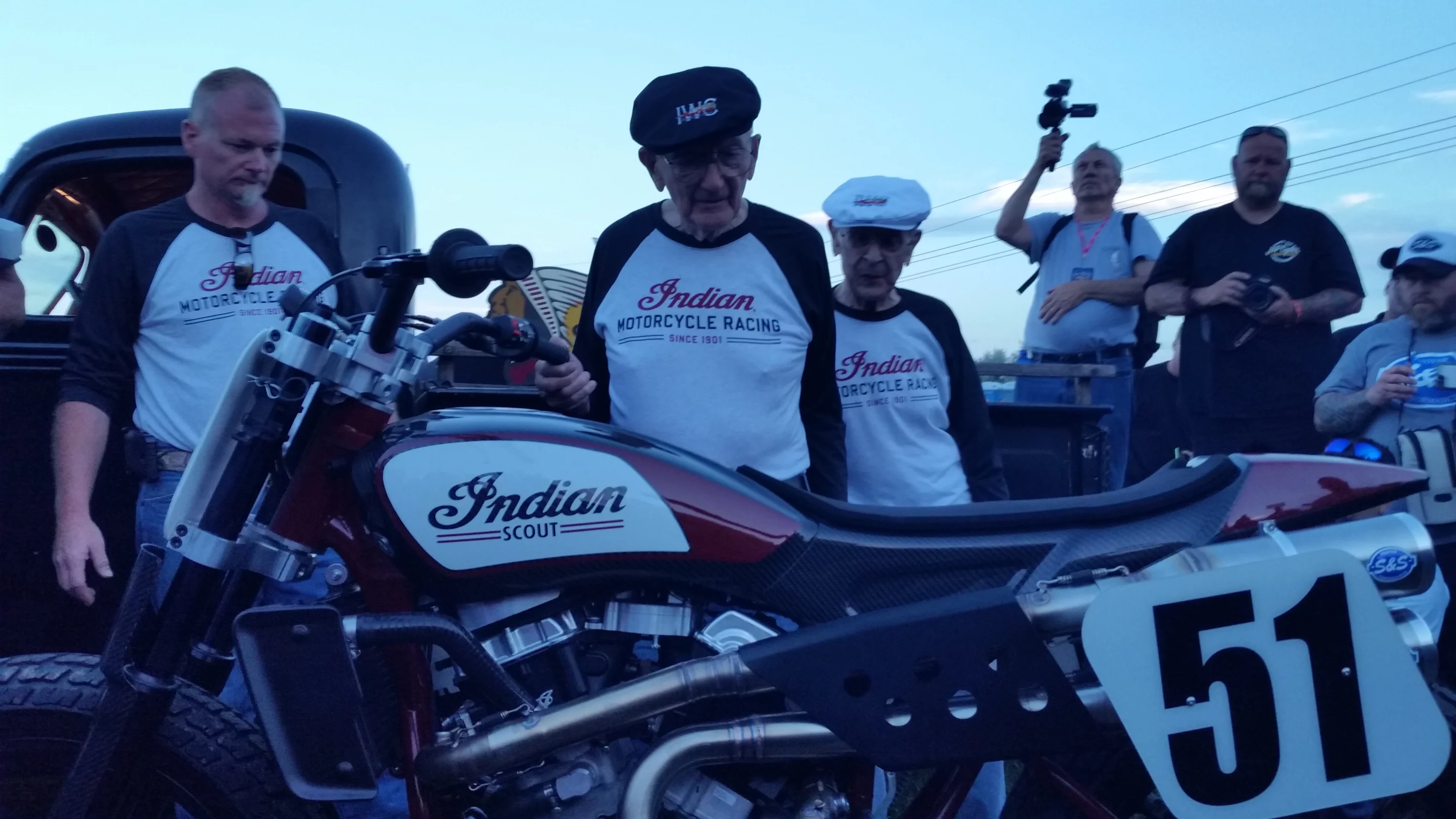 Bill Tuman, the last rider to win a Grand National Championship on an Indian, cranks the throttle on the new FTR750