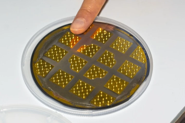 The watch springs are electroplated on a gold plated silicon wafer, coated with a light-sensitive paint