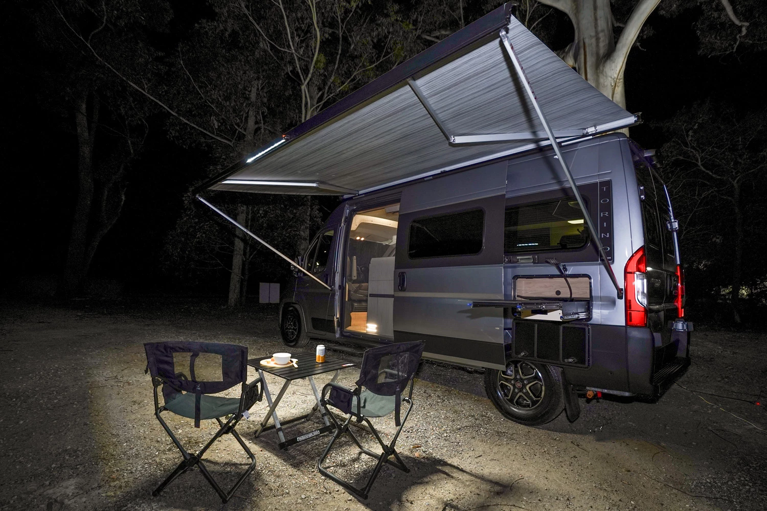 The Torino includes a large roll-out awning for shade when cooking and dining outside