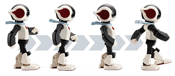 Robi walks using patented "SHIN-WALK" technology developed by Tomotaka Takahashi