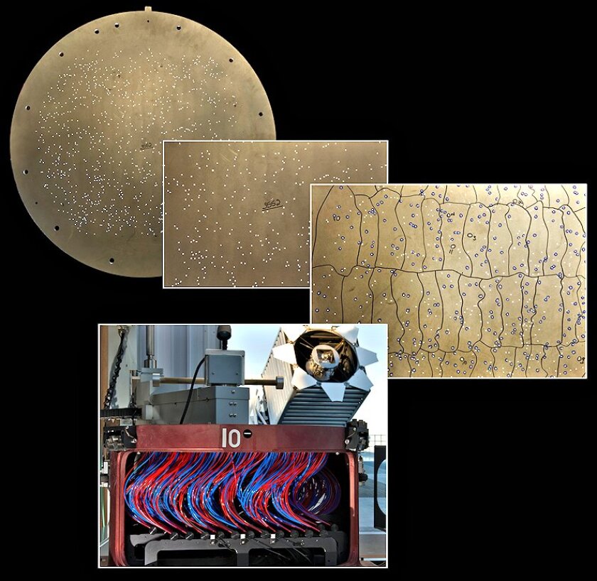 Shown here are three different "plug plates", which hold the spectrograph's fiber optics in position to gather light from the desired objects. Below is a photo of the fiber optics feeding the light into the spectrograph itself (Photo: SDSS-III)