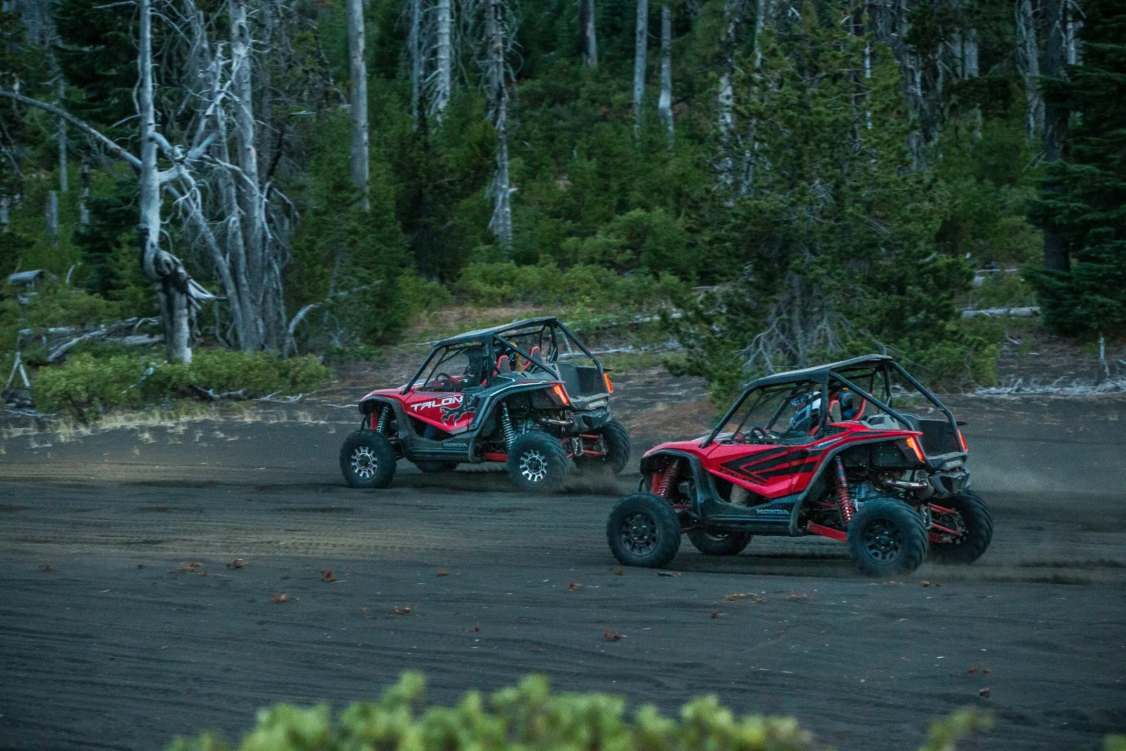 The Talon 1000X focuses on tight, gnarly work, where the 1000R is set up for high-speed desert banging