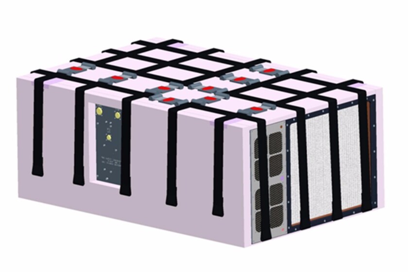 Saffire experiment module with foam packing and straps as it will be mounted in Cygnus