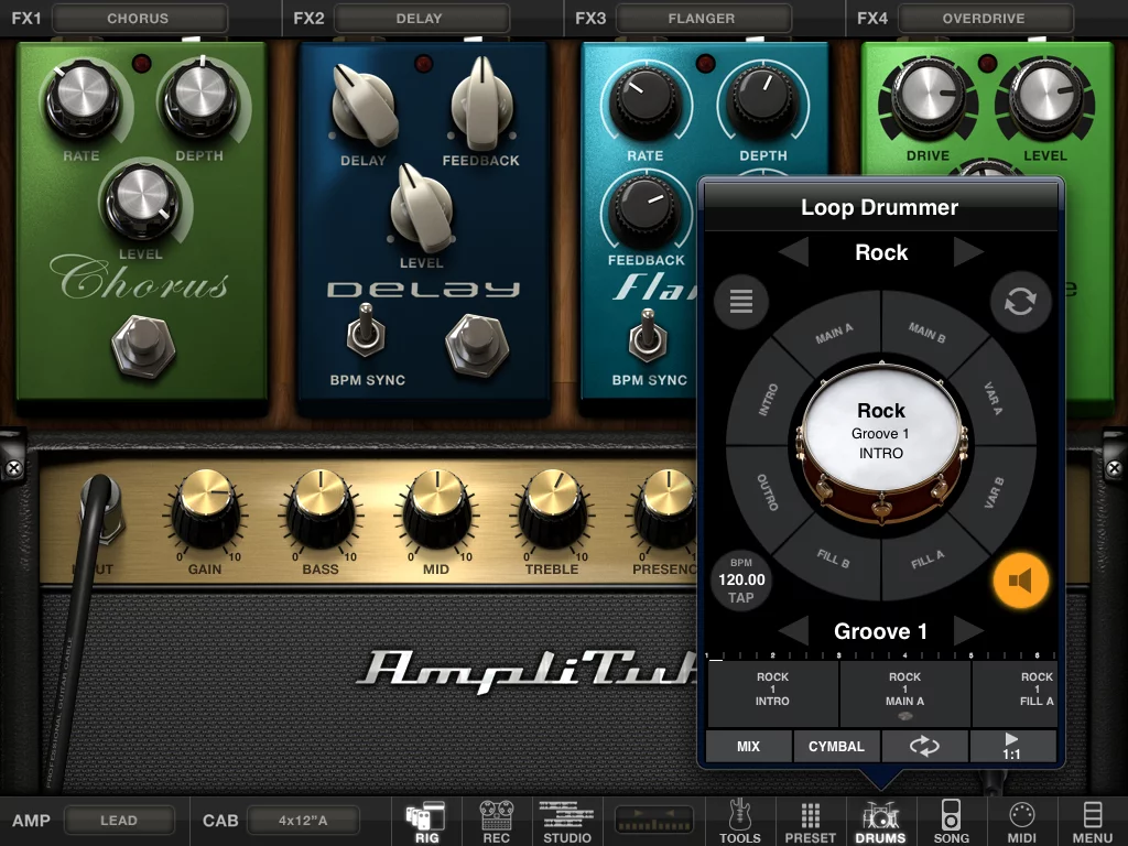 Besides effects, there are also several tools like a handy guitar tuner, and a very simple drum machine
