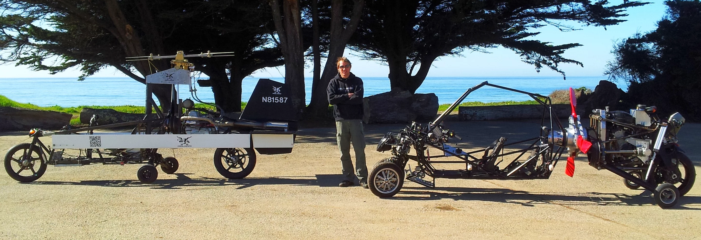 Dezso Molnar with the GT (left) and G2 (right) flying motorcycles