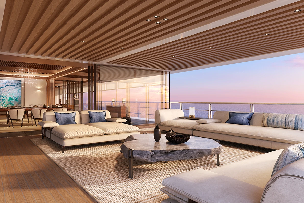 The yacht features large interior spaces for relaxing and dining