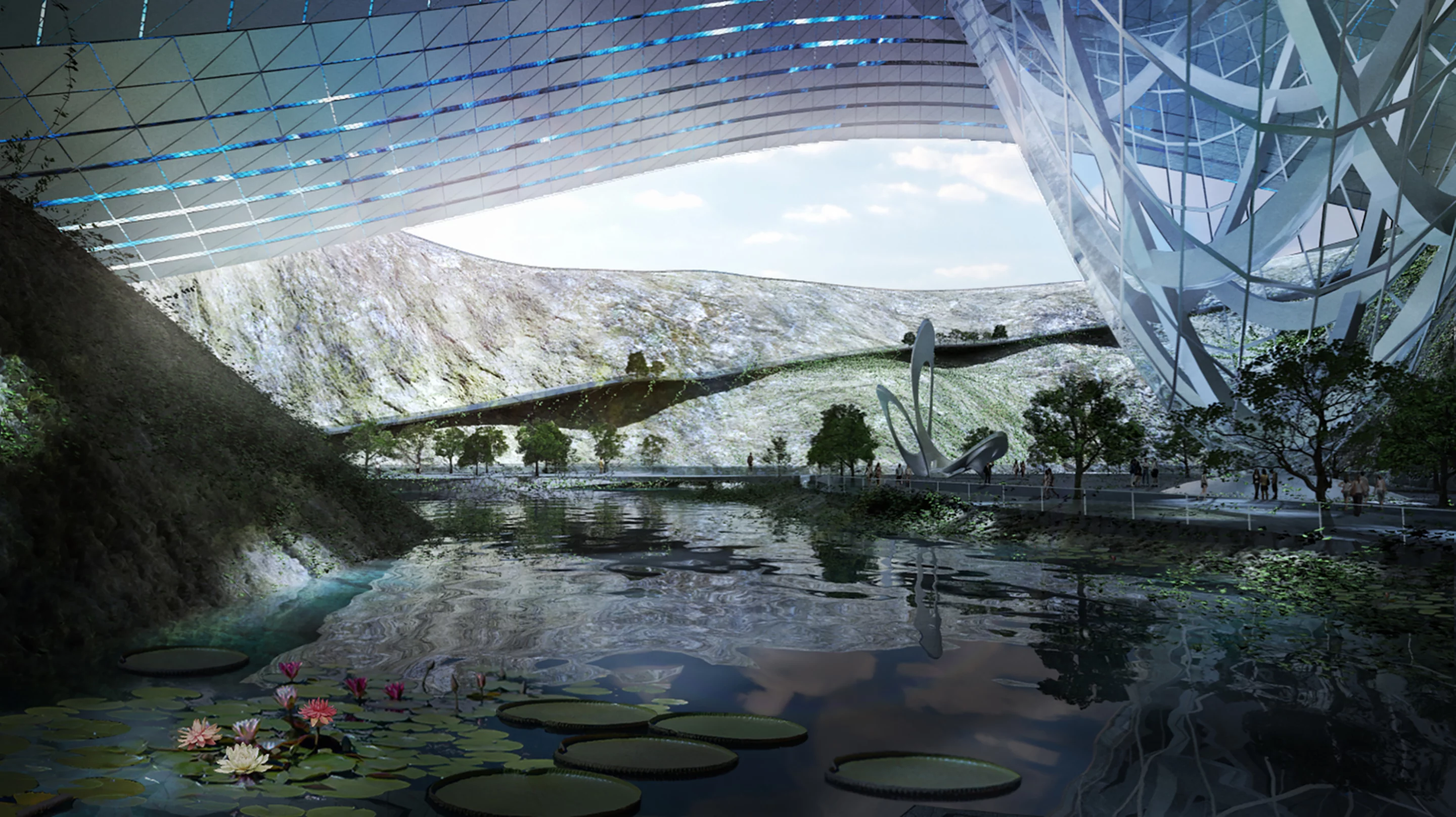 A view of the gardens and water pools in the quarry below (Image: Coop Himmelb(l)au)