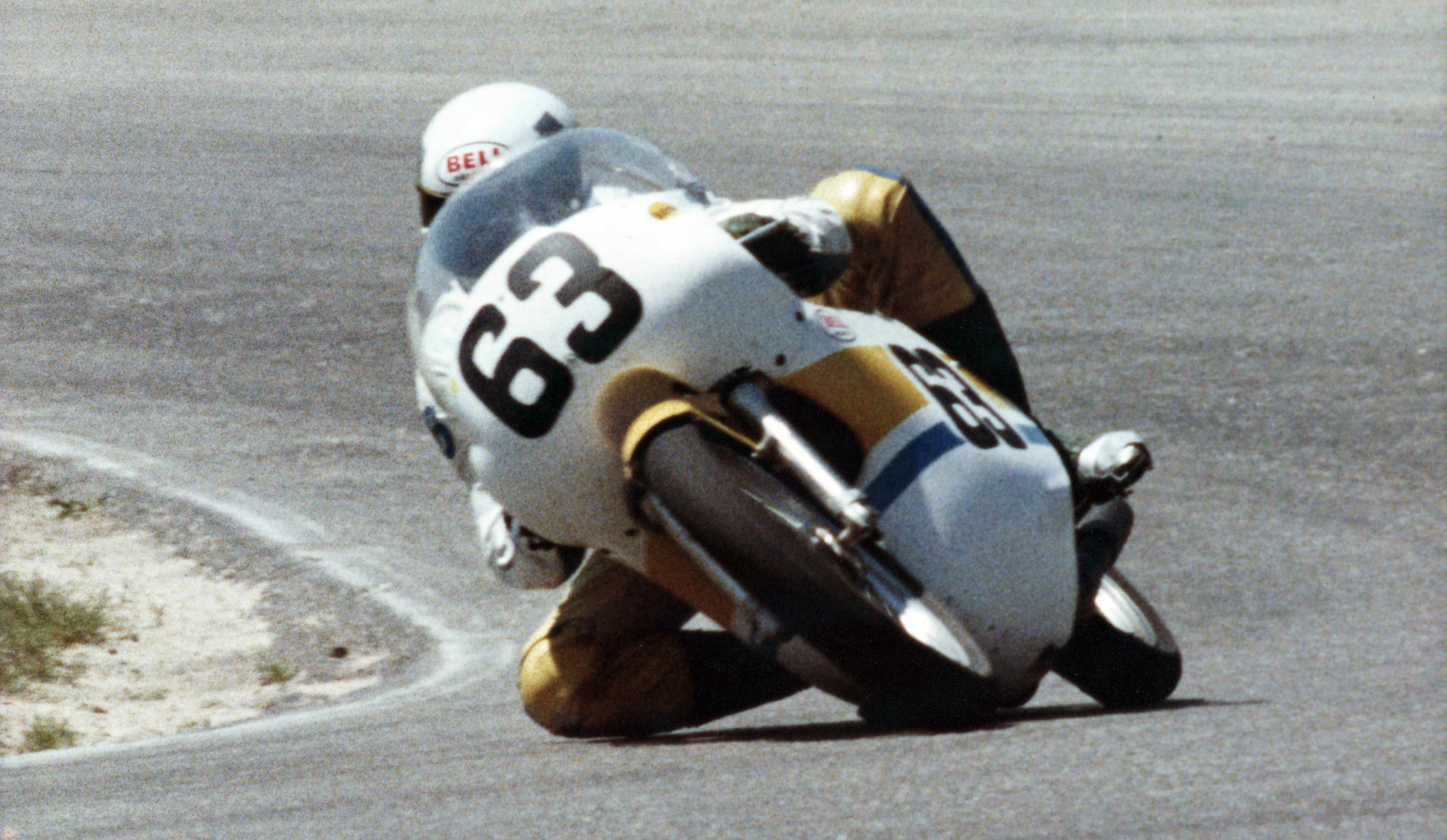 Erik Buell on a TZ250 circa 1974. While the engine was a water-cooled 250 Yamaha, the frame came from an Aermacchi (aka Harley-Davidson RR250)