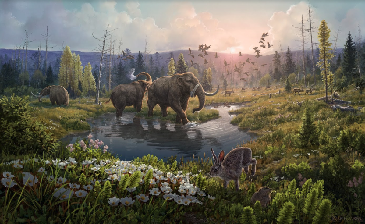 An artist's impression of the ecosystem that lived in Greenland 2 million years ago, as revealed by the world's oldest DNA samples