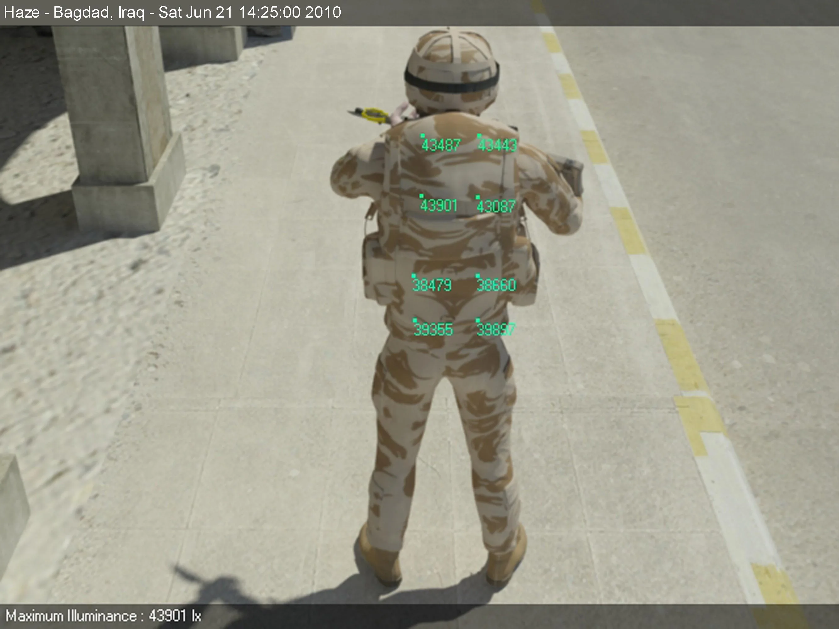 A soldier in a fictitious but realistic urban, desert environment, with superimposed numbers representing readings for anticipated sunlight (Image: EPSRC)
