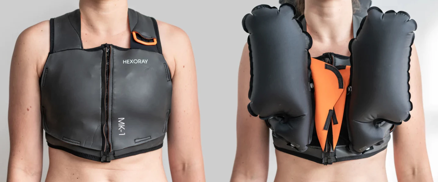 The women's model of the SwimVest, in its default mode (left) and with airbags deployed