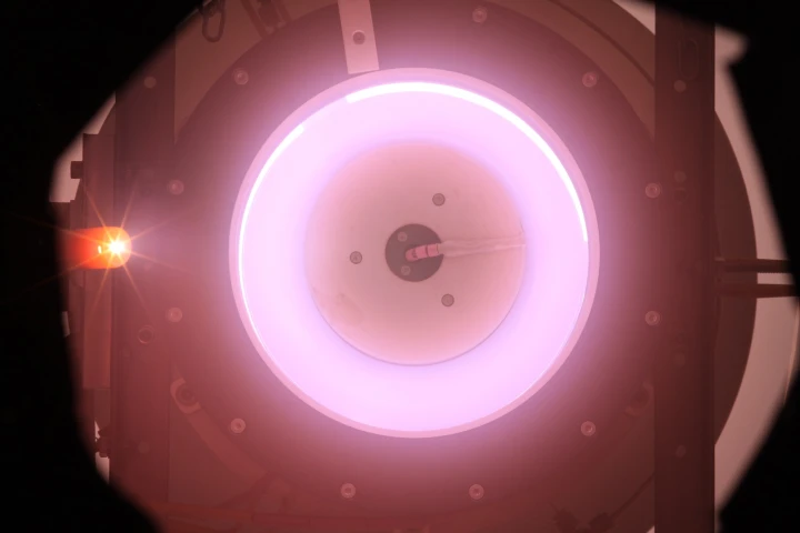 An air-breathing electric thruster is fired up in a vacuum chamber test