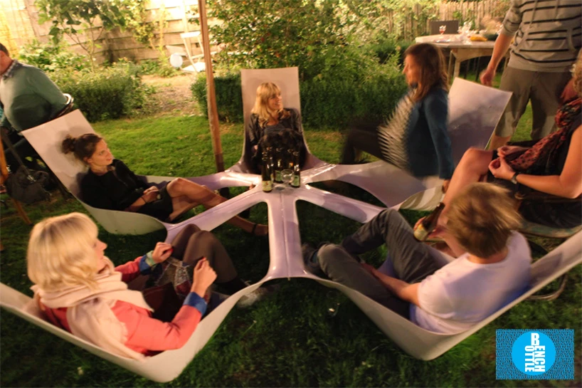 Bottlebench features five reclined seats that are all fixed to a central point