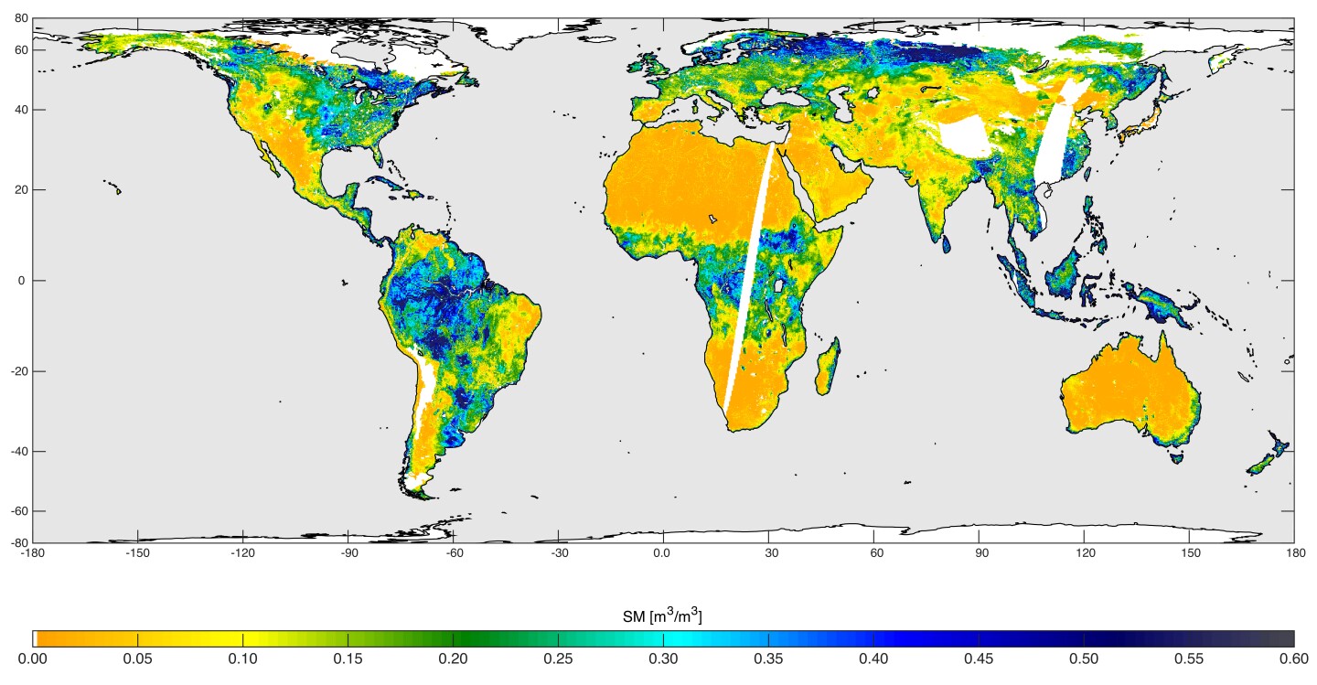 SMAP's first high-resolution global soil map, captured between May 4 and 11, combines measurements from both radar and radiometer instruments