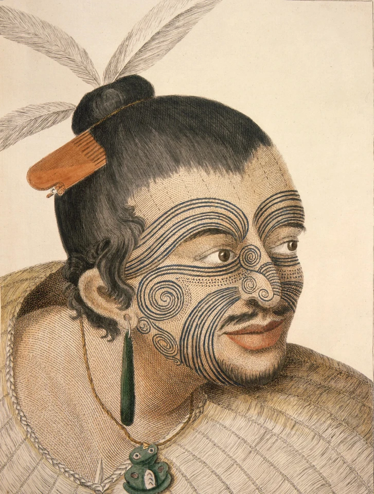 An 18th-century depiction of a Māori man with distinctive Tā moko (Image: Alexander Turnbull Library)
