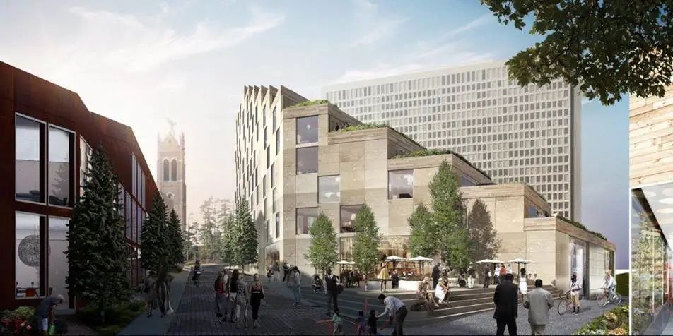 The area once home to an arena will be extensively landscaped into large public spaces, large retail areas, and over 1,000 residences