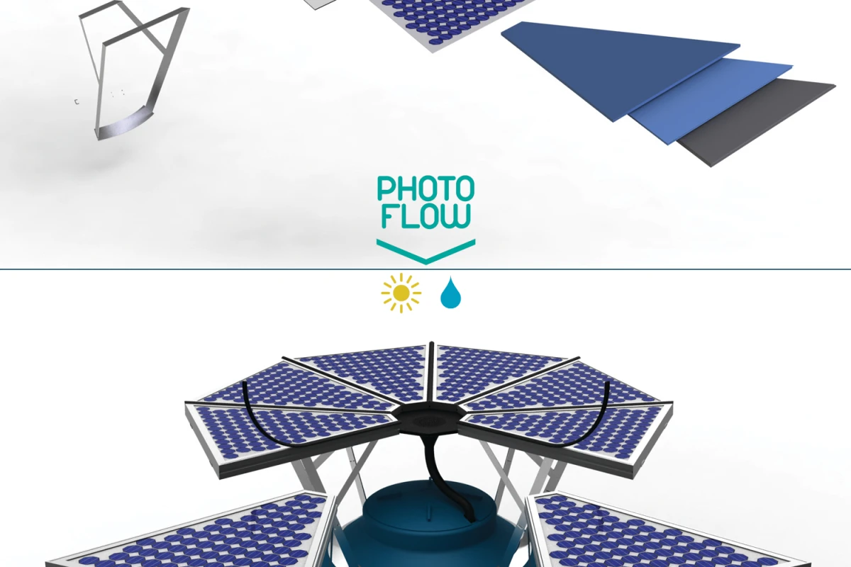PhotoFlow is a two-in-one concept design that combines solar power generation with rainwater collection