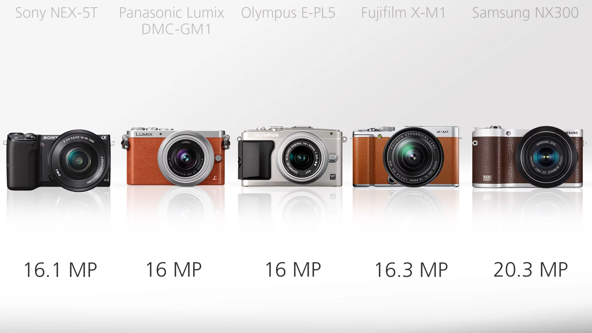 Samsung NX300 has the highest resolution with 20.3 megapixels, compared to the 16 megapixels (or thereabouts) of the others