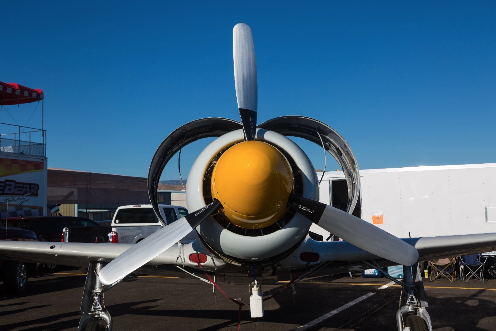 The distinctive engine covers of the Yak-11