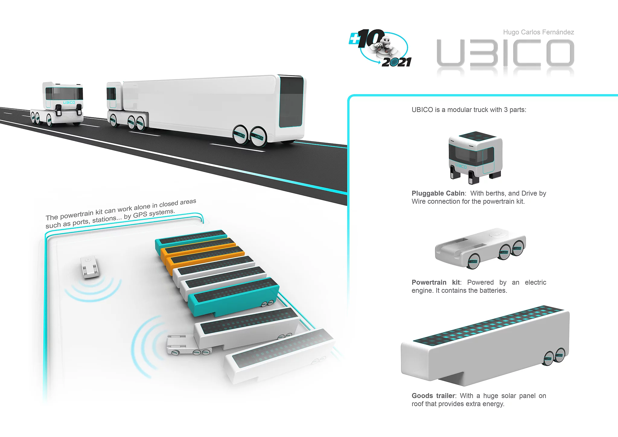 The UBICO modular trucking system designed by Spain's Hugo Carlos Fernandez