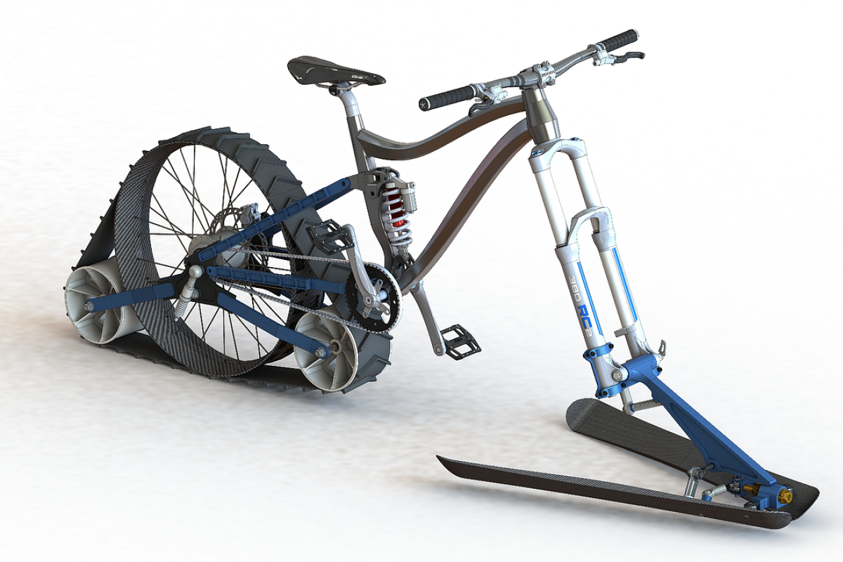 The bike uses a rear track drive and front ski setup The bike uses a rear track drive and front ski setup