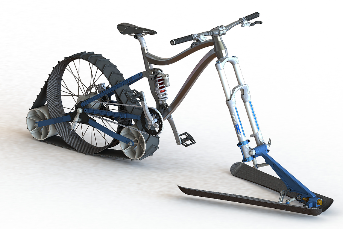 The bike uses a rear track drive and front ski setup