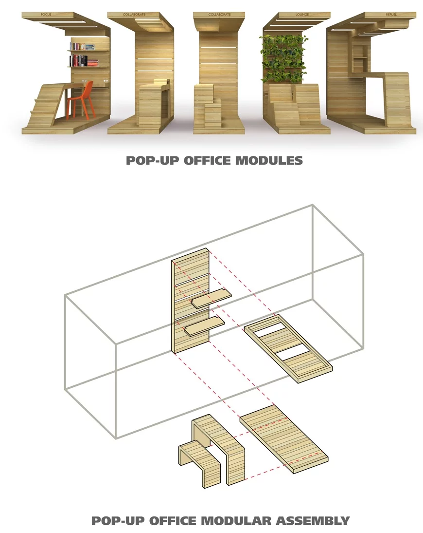 The Pop-Up Office modules, separated (Photo: Shai Gi)