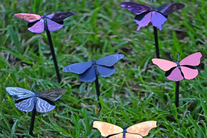 These metal butterflies all sport a coat of the butterfly-inspired plasmonic paint